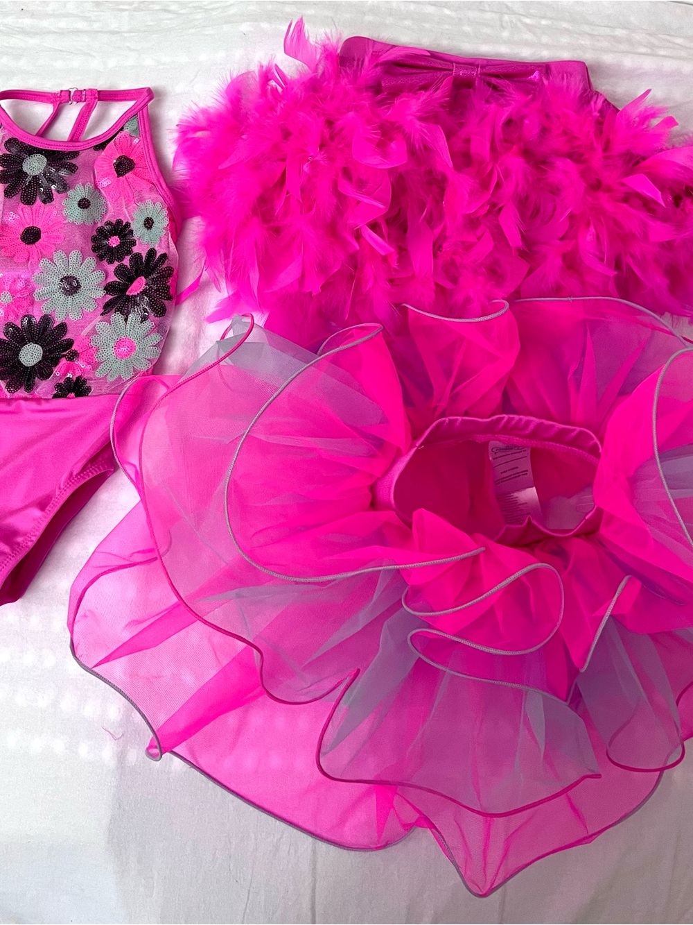 Girls Hot Pink Dance Tutu Set with Feathered Skirt and Sequin Bodice